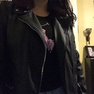 Black leather jacket with maroon colored fur